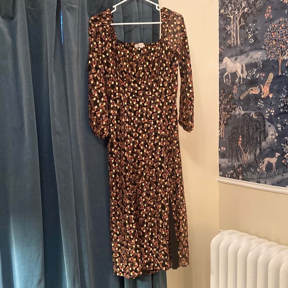 LOFT Black Floral Long Sleeve Dress